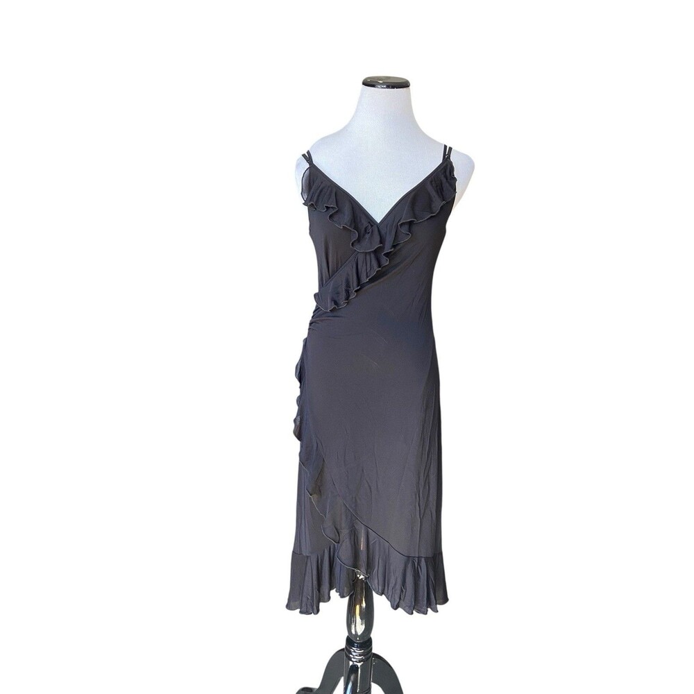 Vintage Y2K Morgan De Toi Asymmetric Ruffle‎ Slip Dress Size S Black Fairy Goth